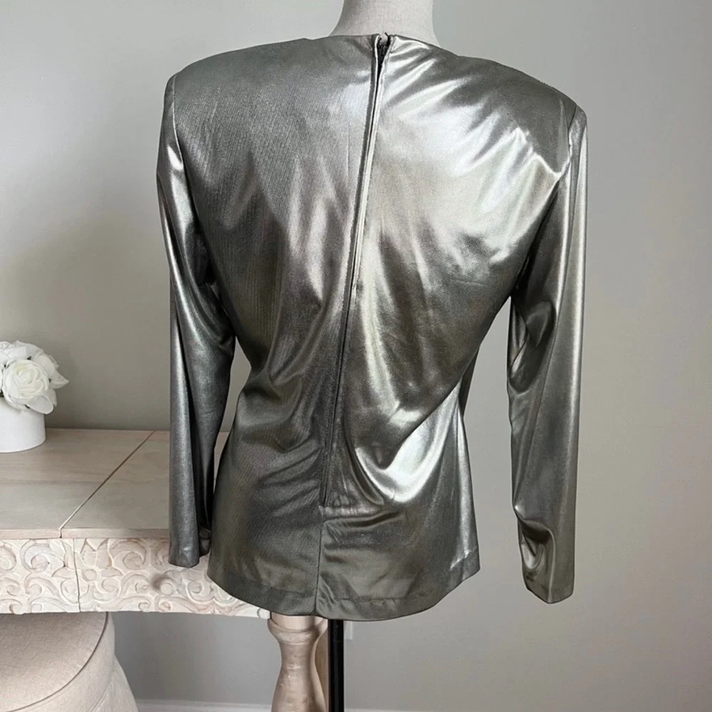 Vintage 80s Betsy & Adam Lame Metallic Faux Wrap Big Shoulder Pad Blouse L - Picture 4 of 6